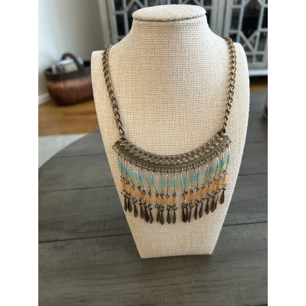 Multicolor Beaded Bib Necklace On 18 Inch Bronze Tone Chain